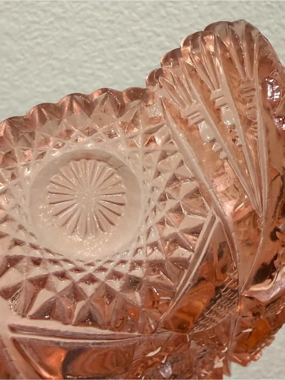 Vintage Salmon Pink Depression Pressed Glass Sawtooth Rim Square Candy Dish